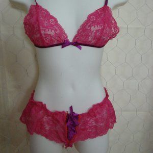 Leg Ave Store Display 2 pc Bra Panty Hot Pink Lace Sexy Corset Tie Outfit